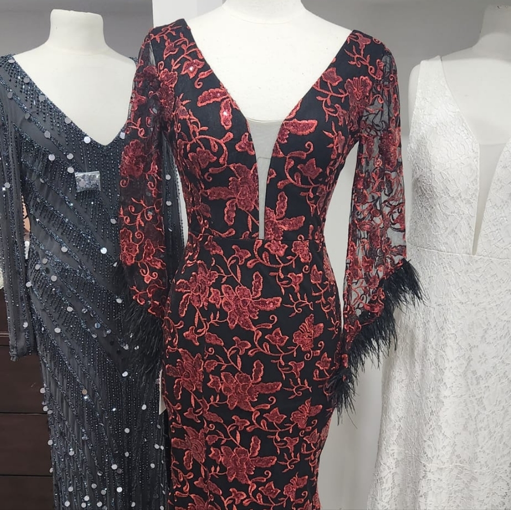 Evening Dress Red with Feather Sleeves